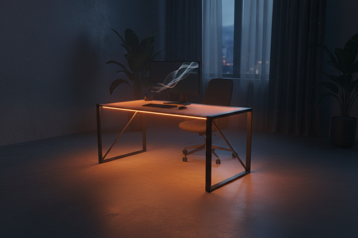 Glowing desk in a dark room